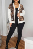 White Sequins Leopard Print Long Sleeve V Neck Buckle Casual Jackets Outerwear