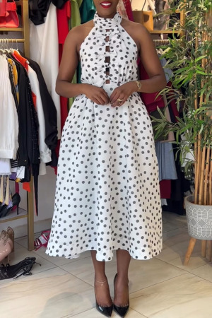 White Black Polka Dot Print Bow Decor Sleeveless O Neck Strap Design Vacation Pleated Maxi Dresses