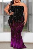 Blue Colorblock Colored Camouflage Print Diamonds Sleeveless Strapless Plus Size Bodycon Tube Maxi Dresses
