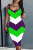 Earthy Yellow Graphics Print Sleeveless U Neck Knee Length Casual Outing Bodycon Vest Midi Dress