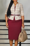 Black Plaid Print O Neck Half Sleeve With Belt Formal Office Lady Bodycon Midi Dresses
