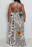 Beige Colorblock Chain Newspaper Print Backless Sleeveless Loose Plus Size Halter Maxi Dresses
