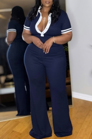 Navy Blue Turndown Collar Short Sleeve Casual Wide Leg Jumpsuits