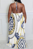 Beige Colorblock Chain Newspaper Print Backless Sleeveless Loose Plus Size Halter Maxi Dresses
