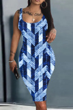 Blue Graphics Print Sleeveless U Neck Knee Length Casual Outing Bodycon Vest Midi Dress