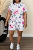 Multicolor Graphics Print O Neck Short Sleeve Oversize Floral T-Shirt And Shorts Casual Two Pieces Shorts Sets