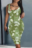 Multicolor Graphics Print Sleeveless U Neck Knee Length Casual Outing Bodycon Vest Midi Dress
