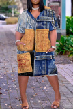 Blue Khaki Casual Faux Denim Print V Neck Short Sleeve Loose Pockets Midi T-Shirt Dress