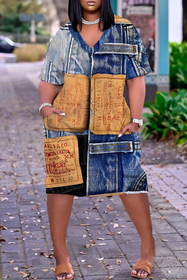 Blue Khaki Casual Faux Denim Print V Neck Short Sleeve Loose Pockets Midi T-Shirt Dress