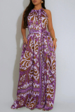 Blue Boho Graphics Print Sleeveless Backless Belted Casual Vacation Halter Wide Leg Jumpsuits