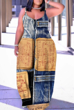 Blue Khaki Faux Denim Print Backless Spaghetti Strap Sleeveless Vacation Loose Long Maxi Slip Dresses