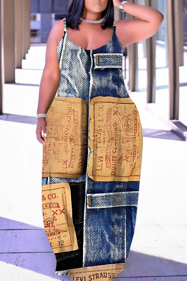 Blue Khaki Faux Denim Print Backless Spaghetti Strap Sleeveless Vacation Loose Long Maxi Slip Dresses