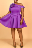 Purple 3D Flowers Decor Oblique Collar Single Sleeve Formal Evening Party Prom A Line Plus Size Pleated Mini Dresses