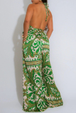 Blue Boho Graphics Print Sleeveless Backless Belted Casual Vacation Halter Wide Leg Jumpsuits