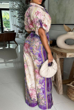 Light Blue Floral Print V Neck Short Sleeve Casual Vacation Wide Leg Jumpsuits