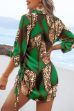 Blue Geometric Print V Neck Long Sleeve Draw String Casual Vacation Blouse