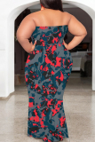 Blue Colorblock Colored Camouflage Print Diamonds Sleeveless Strapless Plus Size Bodycon Tube Maxi Dresses