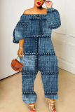 Blue Faux Denim Print Off Shoulder Long Sleeve Casual Vacation Harem Leg Jumpsuits