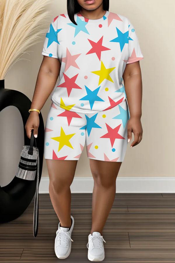 Multicolor Graphics Print O Neck Short Sleeve Oversize Floral T-Shirt And Shorts Casual Two Pieces Shorts Sets