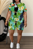 Green Floral Print O Neck Short Sleeve Oversize Floral T-Shirt And Shorts Casual Two Pieces Shorts Sets