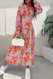 Pink Floral Print V Neck Long Sleeve Vacation A Line Maxi Shirt Dresses