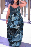 Blue Khaki Faux Denim Print Backless Spaghetti Strap Sleeveless Vacation Loose Long Maxi Slip Dresses