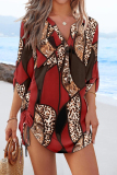 Blue Geometric Print V Neck Long Sleeve Draw String Casual Vacation Blouse