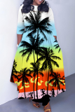 White Blue Graphics Print O Neck 3/4 Sleeve Belted Pockets Long Vacation Casual Pleated A Line Maxi Dresses
