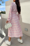 Pink Floral Print V Neck Long Sleeve Vacation A Line Maxi Shirt Dresses