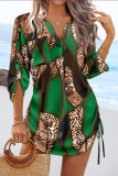 Blue Geometric Print V Neck Long Sleeve Draw String Casual Vacation Blouse