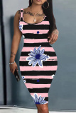 Blue Graphics Print Sleeveless U Neck Knee Length Casual Outing Bodycon Vest Midi Dress