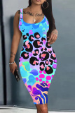 Dark Green Graphics Print Sleeveless U Neck Knee Length Casual Outing Bodycon Vest Midi Dress