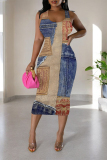 Leopard Faux Denim Print U Neck Sleeveless Casual Outing Distressed Bodycon Pencil Maxi Dress