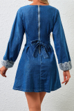 Denim Blue O Neck Long Sleeve Casual Lace Pleated Denim Mini Dresses