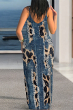 Blue Khaki Faux Denim Print Sleeveless U Neck Spaghetti Strap Casual Outing Vacation Loose Maxi Slip Dresses