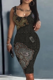 Navy Blue Graphics Print Sleeveless U Neck Knee Length Casual Outing Bodycon Vest Midi Dress