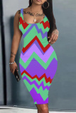 Blue Graphics Print Sleeveless U Neck Knee Length Casual Outing Bodycon Vest Midi Dress
