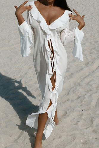 Black Long Sleeve Ruffled Trim High Slit Beach Vacation Swimwears Cover Up
