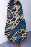 Blue Khaki Faux Denim Print O Neck 3/4 Sleeve Belted Pockets Long Vacation Casual Pleated A Line Maxi Dresses