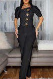 Black Asymmetrical Collar Short Sleeve Buttons Formal Office Lady Casual Straight Leg Jumpsuits