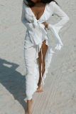 Black Long Sleeve Ruffled Trim High Slit Beach Vacation Swimwears Cover Up