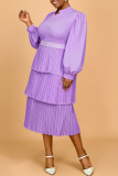 Light Purple V Neck Lantern Sleeve Chiffon Cake Skirt Formal Evening Party Prom Wedding Guest Casual Ruched Maxi Dresses