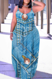 Blue Khaki Faux Denim Print Backless Spaghetti Strap Sleeveless Vacation Loose Long Maxi Slip Dresses