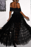 Black Sleeveless Mesh Ruffle Layered High Slit Formal Evening Party Prom Rompers