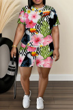 Green Floral Print O Neck Short Sleeve Oversize Floral T-Shirt And Shorts Casual Two Pieces Shorts Sets