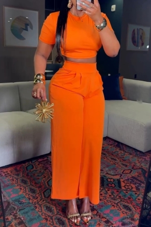 Orange O Neck Short Sleeve Crop T-shirt And Wide Leg Pants Casual Two Pieces Trouser Sets