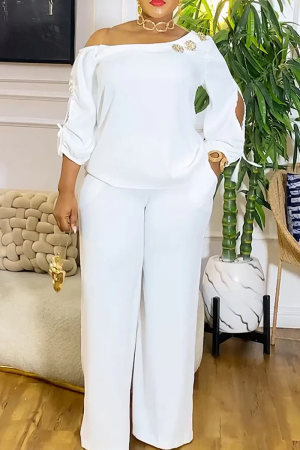 White Oblique Collar Long Sleeve Hollow Out Draw String Metal Accessories Trim Tops And Wide Leg Pants Formal Office Lady Two Pieces Trouser Sets