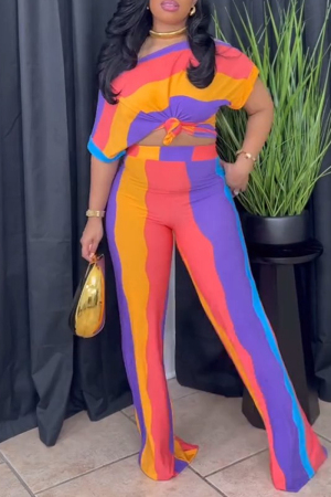 Multicolor Stripe Print Oblique Collar Short Sleeve Crop Tops And Wide Leg Pants Casual Vacation Two Pieces Trouser Sets