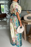 Light Blue Floral Print V Neck Short Sleeve Casual Vacation Wide Leg Jumpsuits