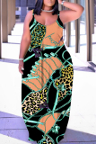Yellow Green Graphics Print Backless Spaghetti Strap Sleeveless Vacation Loose Long Maxi Slip Dresses